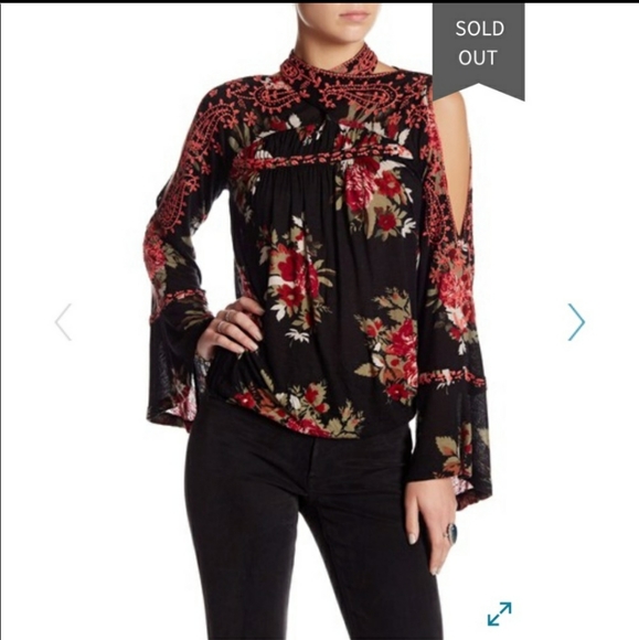 FREE PEOPLE Bainbridge Black & Red Floral Long Bell Sleeve High Neckline Shirt S - Picture 2 of 16